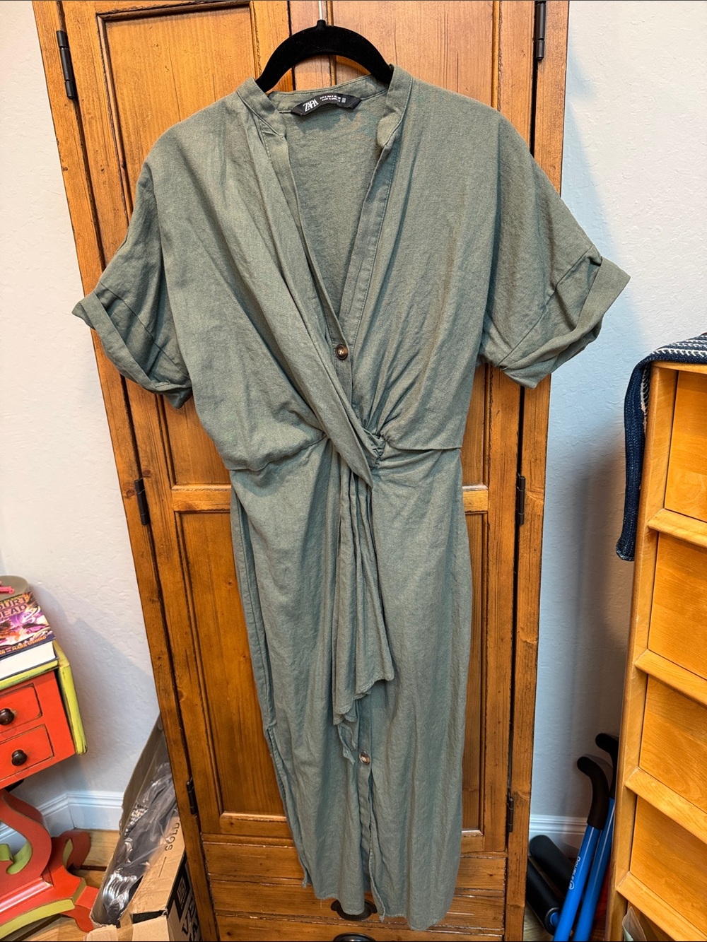ZARA Sage Green Twist-Front Midi Dress